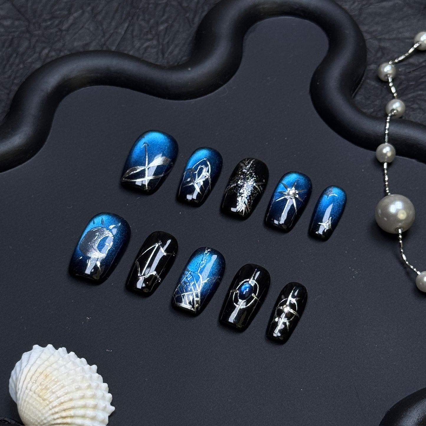 Midnight Galaxy Blue Cat Eye Press-On Nails