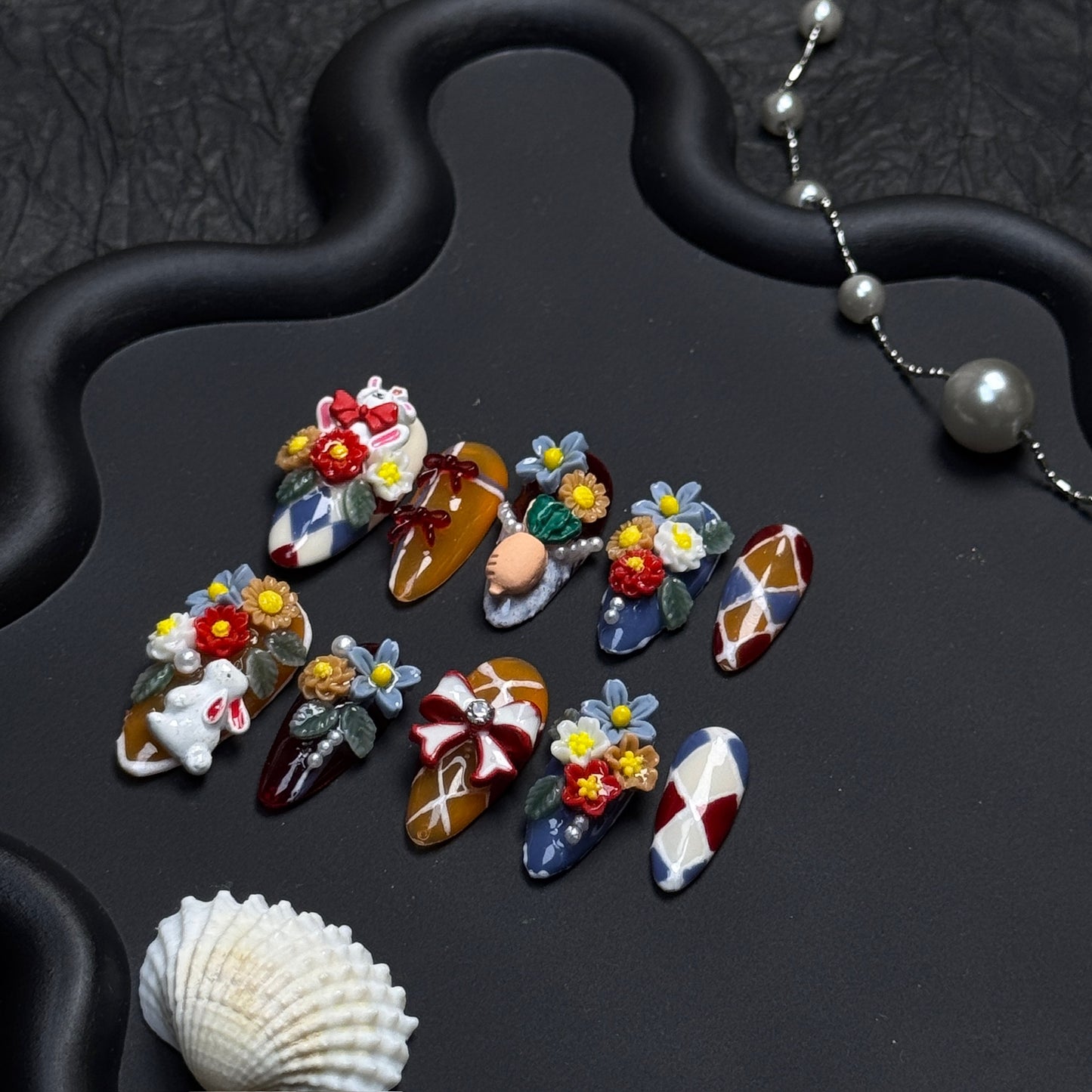 Picnic Whimsy 3D Bunny & Floral Almond Press-On Nails