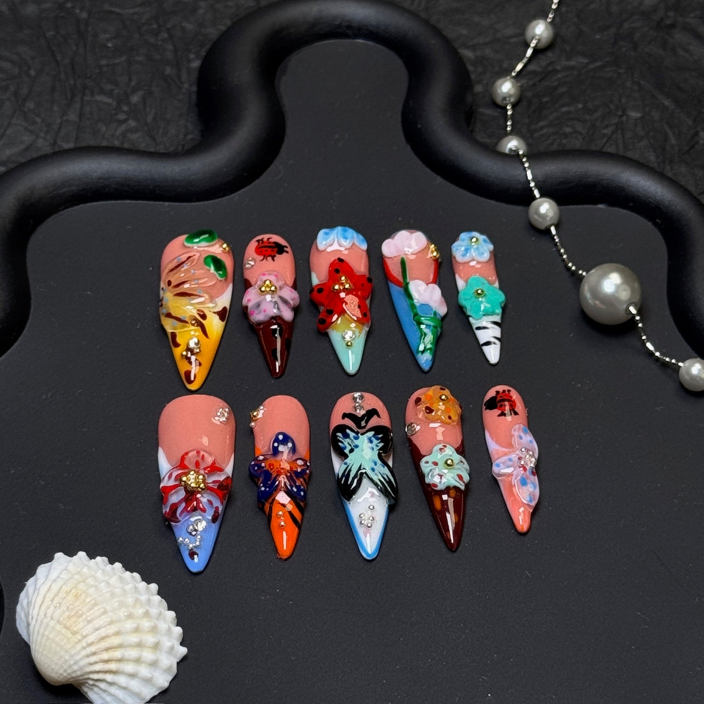 Boho Bloom Hand-Painted Floral Stiletto Press-On Nails