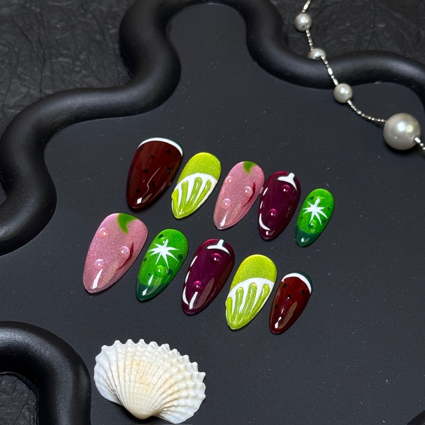 Watermelon Splash Fruity Medium Almond Press-On Nails