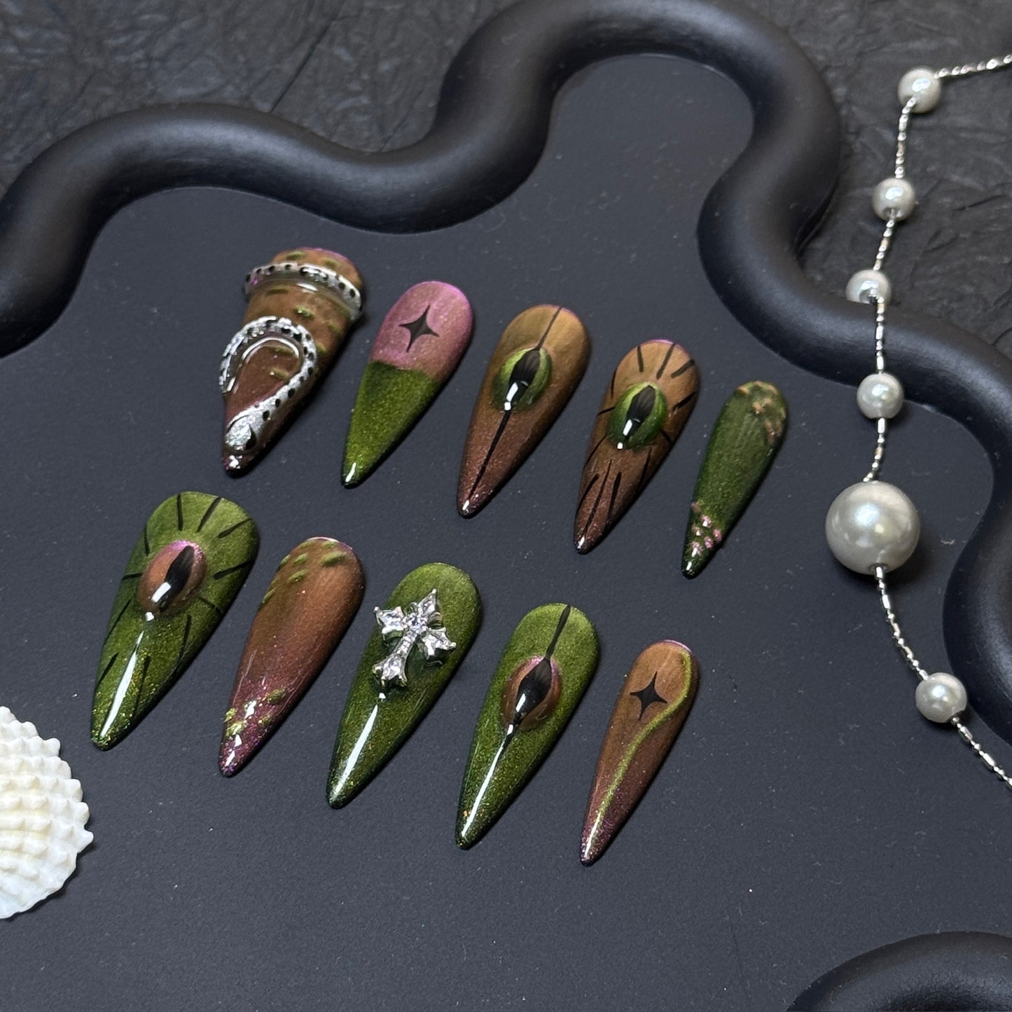 Serpent's Eye Green Brown Cat-Eye Long Stiletto Press-On Nails