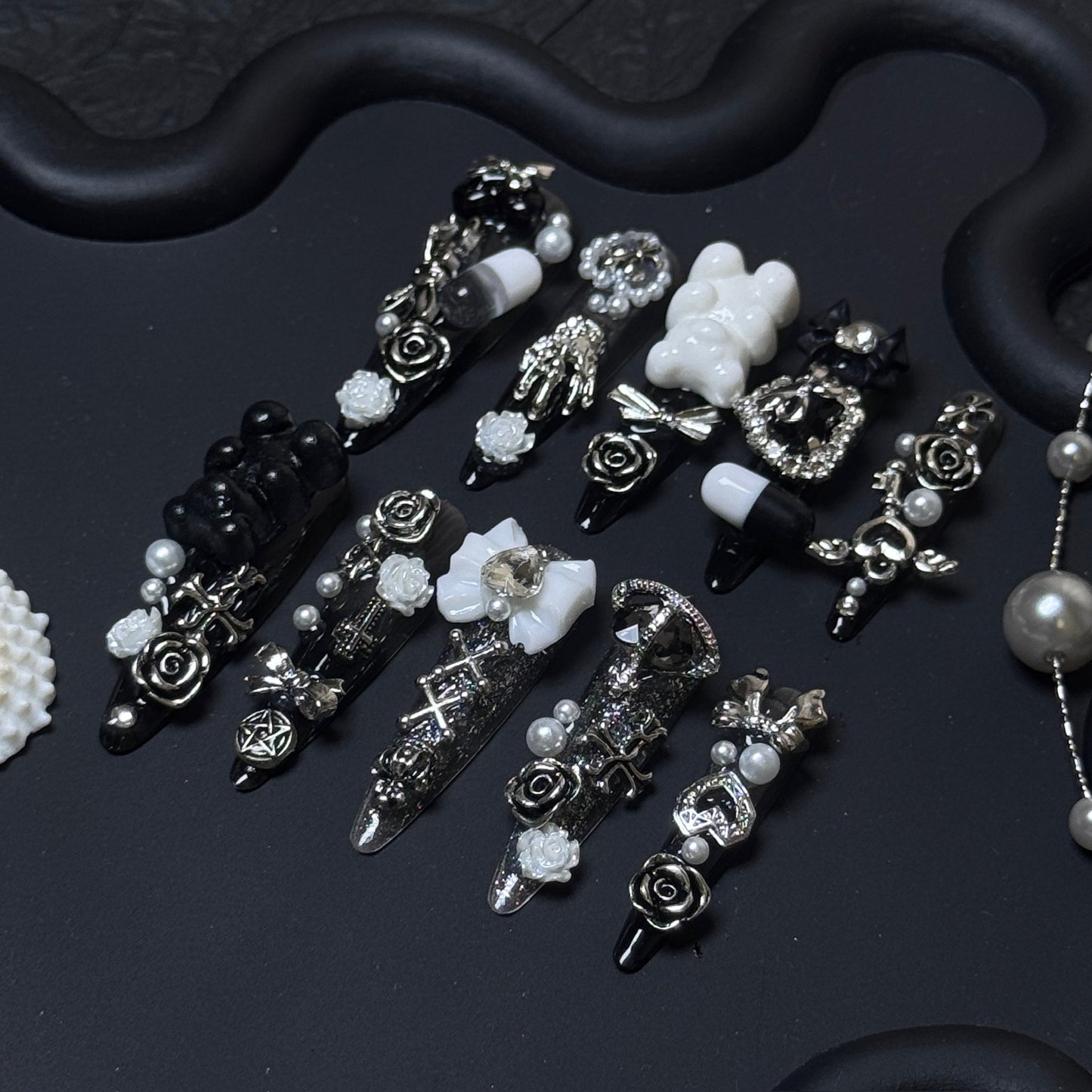Gothic Teddy Black & White Long Stiletto Press-On Nails