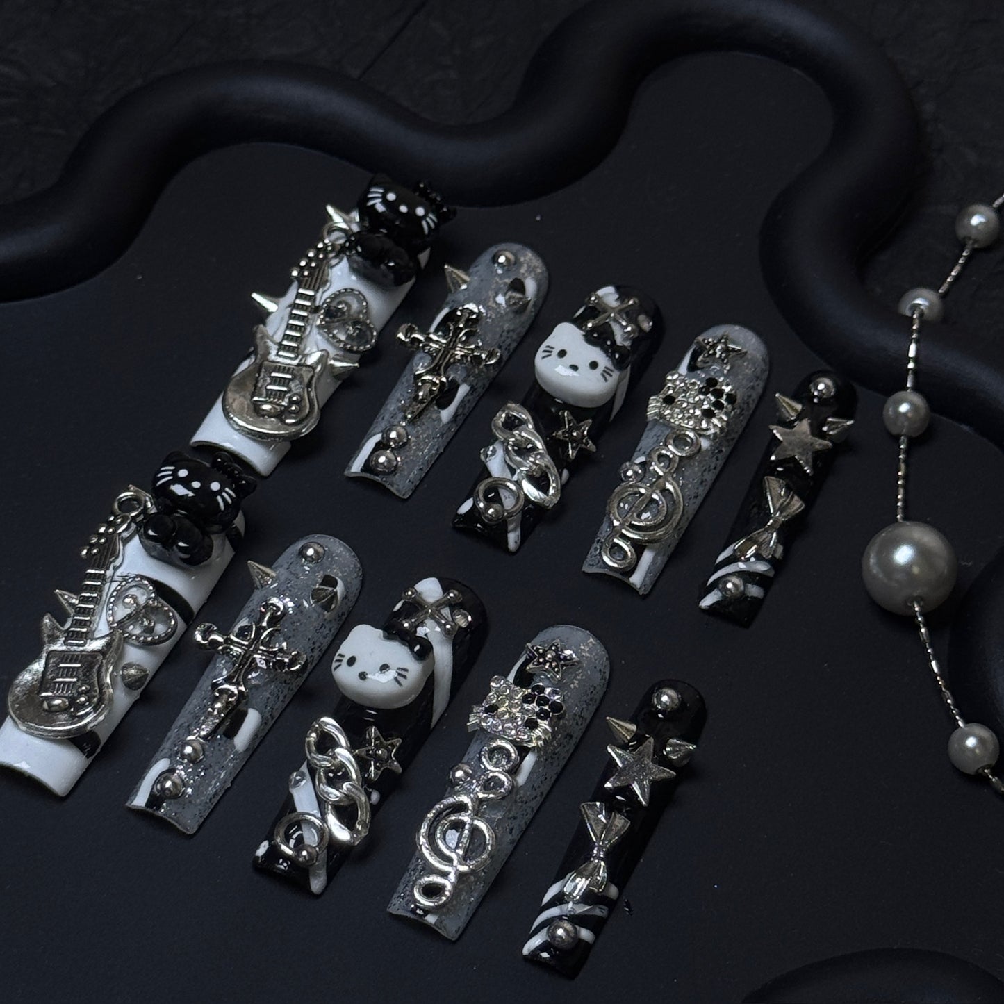 Rock Kitty Punk Black & White Extra Long Coffin Press-On Nails