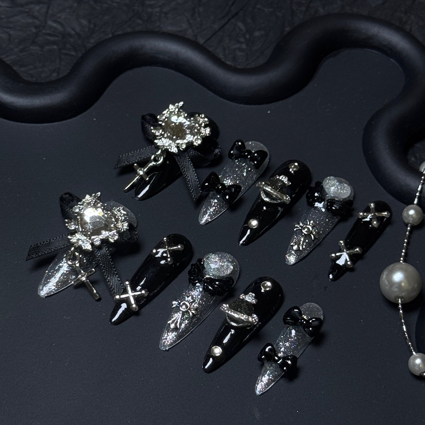 Midnight Bow Gothic Black Silver Glitter Long Stiletto Press-On Nails