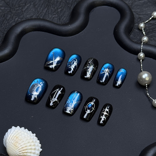 Midnight Galaxy Blue Cat Eye Press-On Nails