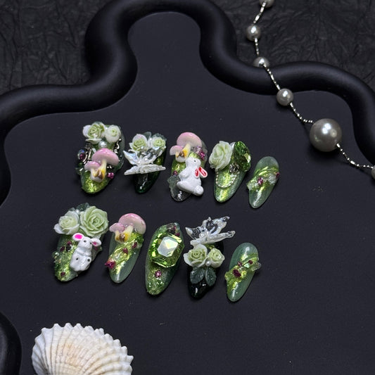 Enchanted Garden 3D Bunny & Rose Almond Press-On Nails