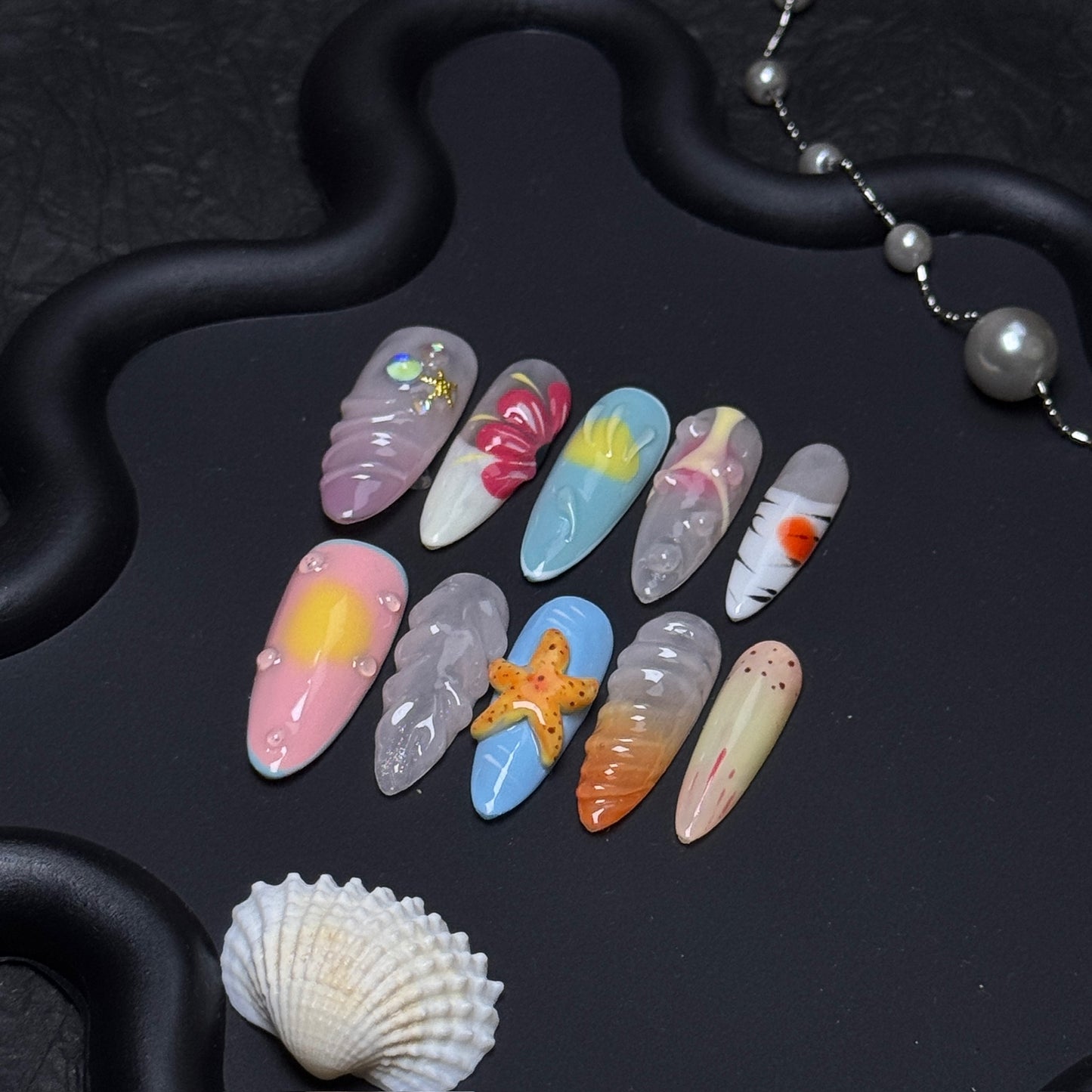 Sunset Shores 3D Starfish Long Almond Press-On Nails