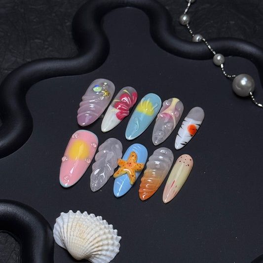Sunset Shores 3D Starfish Long Almond Press-On Nails