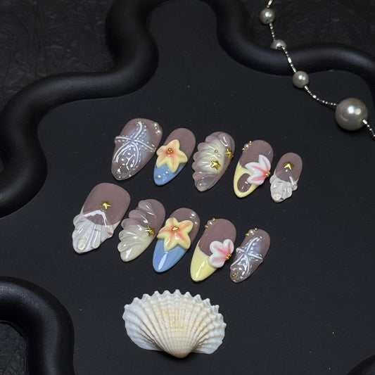 Beach Breeze 3D Seashell Medium Almond Press-On Nails