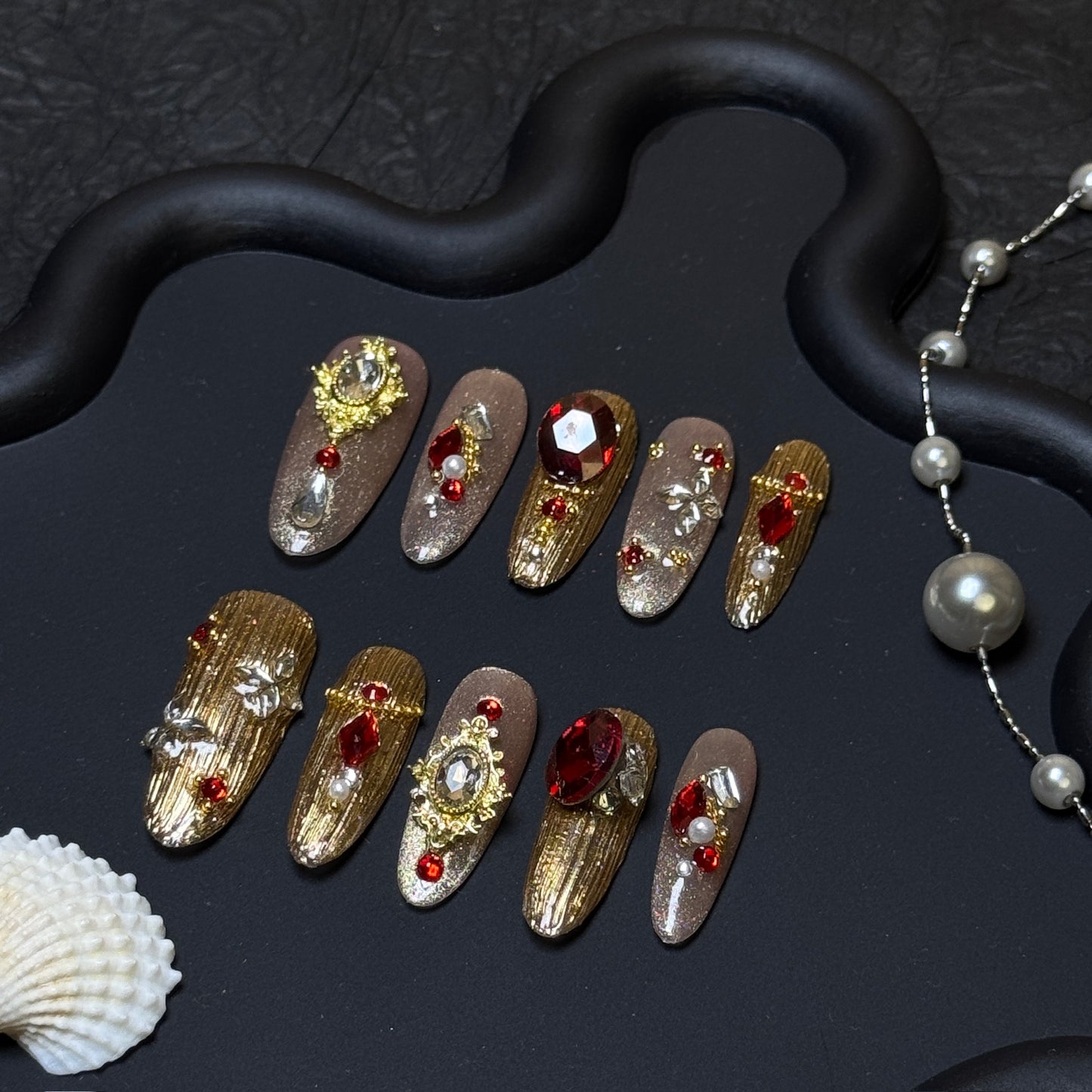 Royal Ruby Gold Textured Medium Almond Press-On Nails