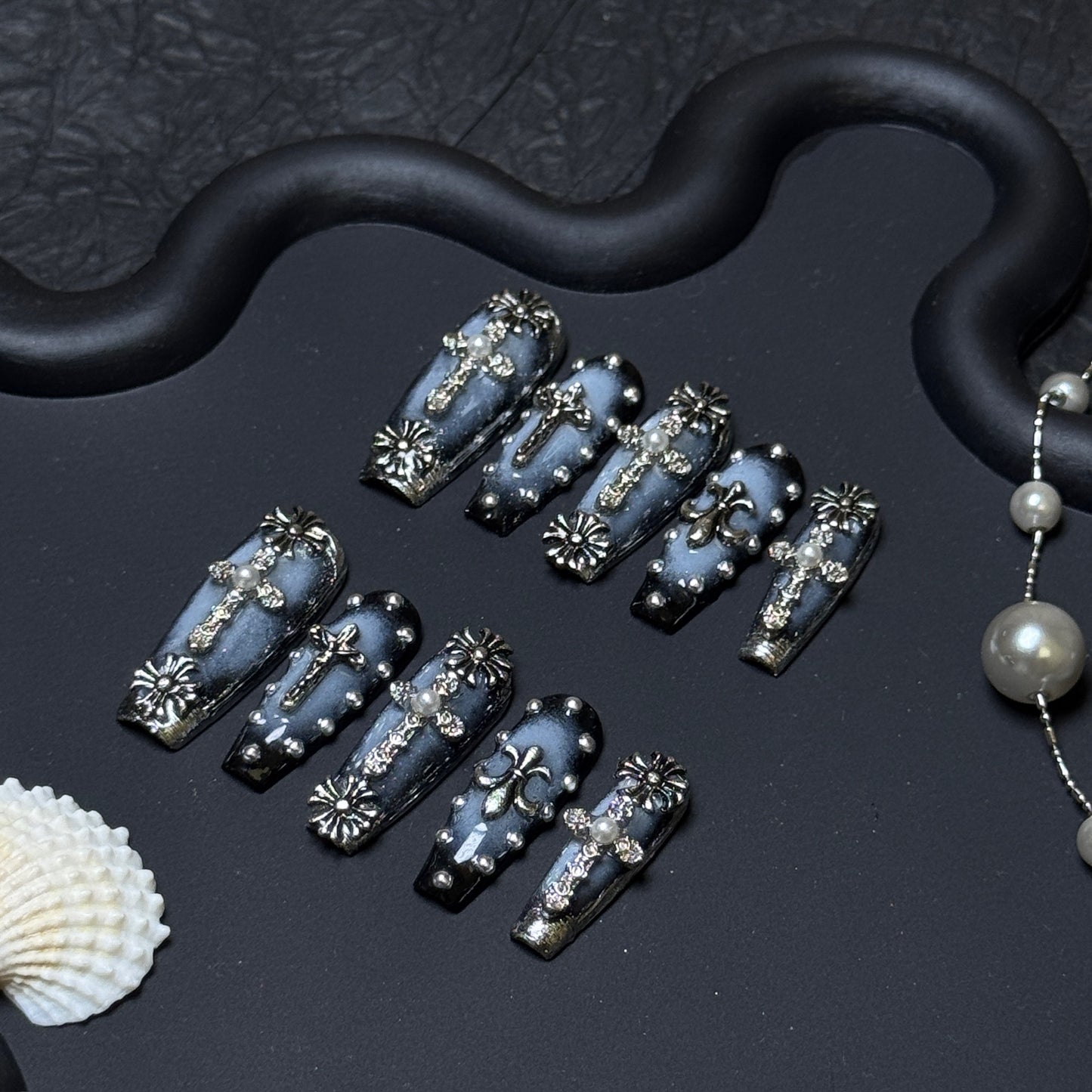 Midnight Cross Gothic Smoky Blue Long Square Press-On Nails