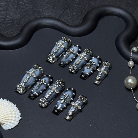 Midnight Cross Gothic Smoky Blue Long Square Press-On Nails