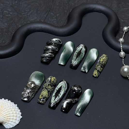 Viper's Gaze Gothic Green Cat-Eye Long Square Press-On Nails