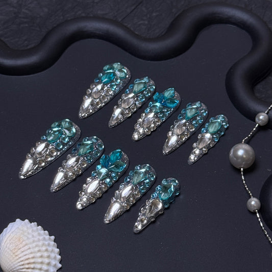 Aqua Ice Crystal-Embellished Long Stiletto Press-On Nails