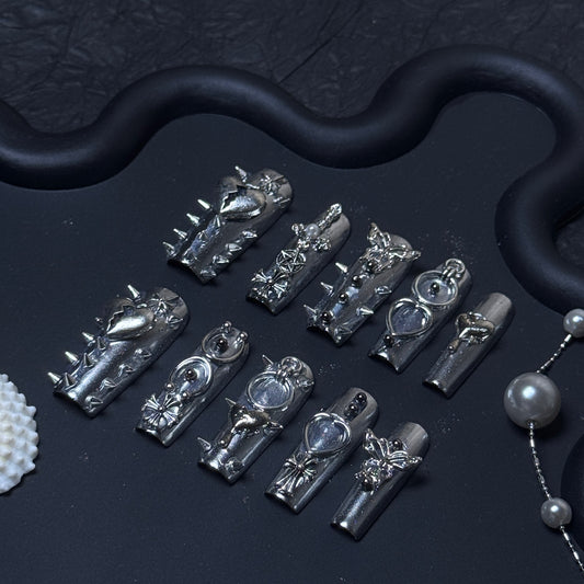 Silver Spike Y2K Gothic Long Square Press-On Nails