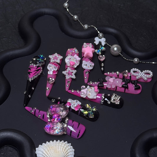 Pink Kitty Pop Y2K Magenta Extra Long Stiletto Press-On Nails