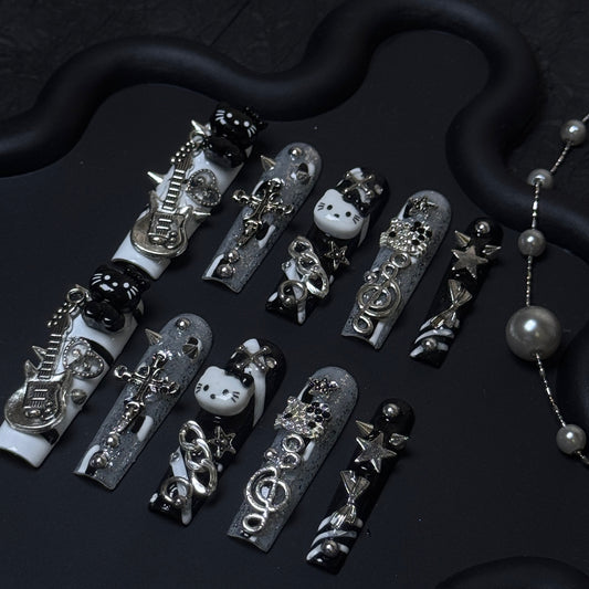 Rock Kitty Punk Black & White Extra Long Coffin Press-On Nails